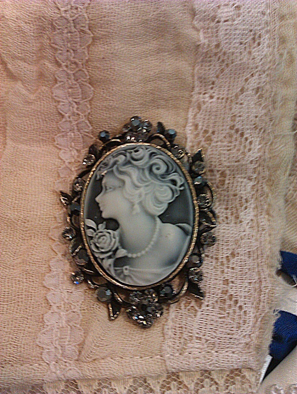 Victorian inspired lace and cameo arm cuffs with blue ribbons - Image 2