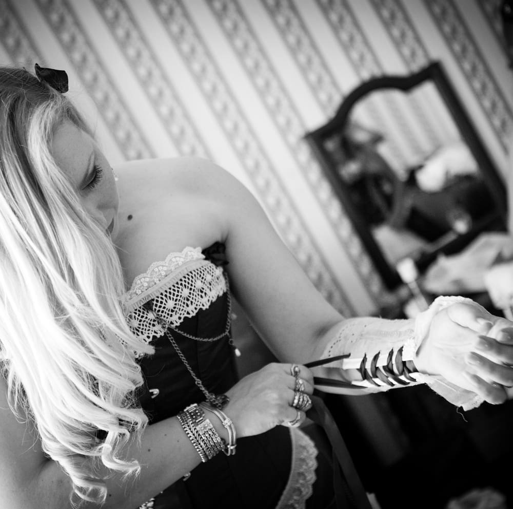 Victorian inspired lace and cameo arm cuffs with blue ribbons - Image 3