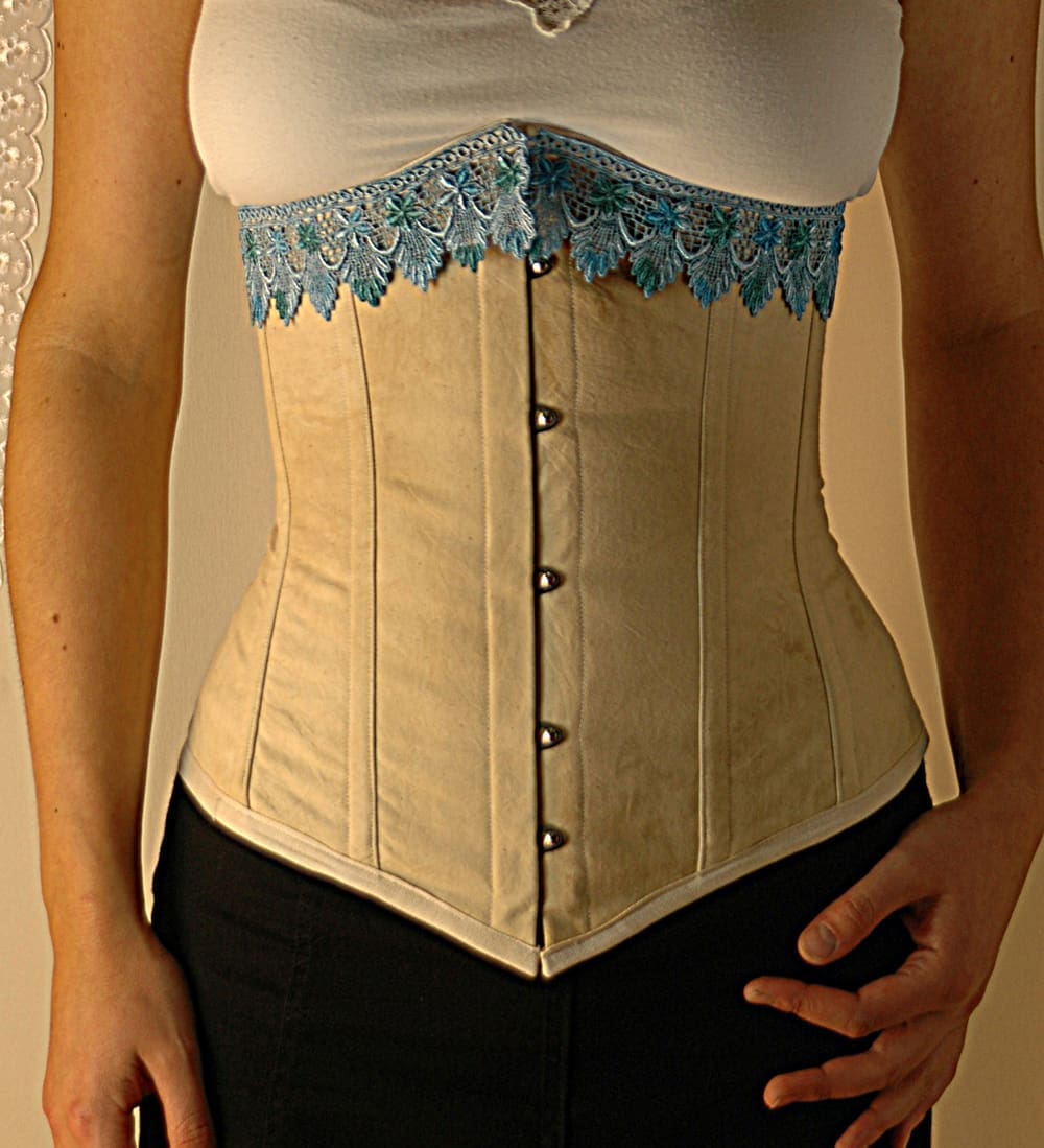 Antiqued cotton underbust corset with blue guipure lace